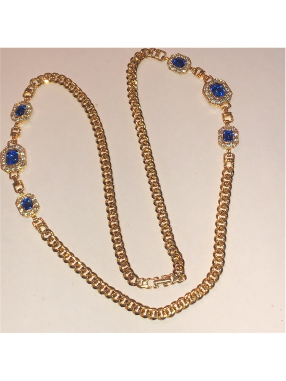 Angel Brand Vintage Gold Tone and Blue Rhinestone Chunky Retro Necklace